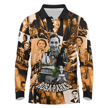 Rosa Parks Long Sleeve Polo Shirt Sepia Collage Design Civil Rights Icon I Believe There Is Only One Race Quote - African Pride