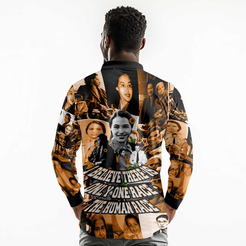 Rosa Parks Long Sleeve Polo Shirt Sepia Collage Design Civil Rights Icon I Believe There Is Only One Race Quote - African Pride