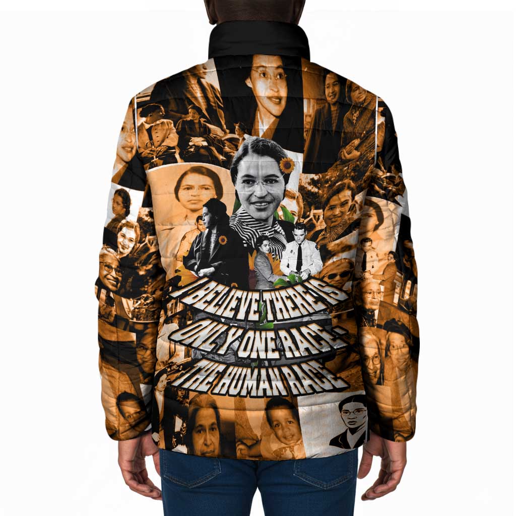 Rosa Parks Padded Jacket Sepia Collage Design Civil Rights Icon I Believe There Is Only One Race Quote - African Pride