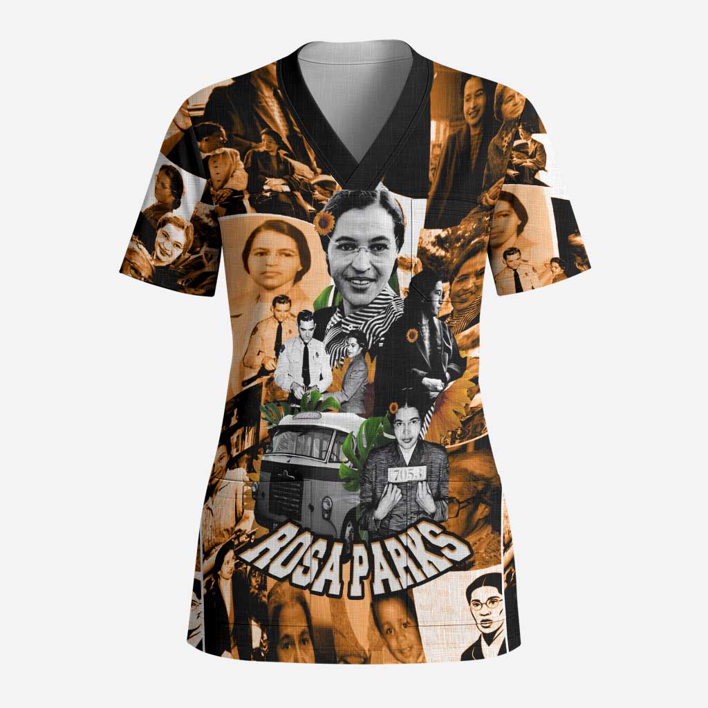 Rosa Parks Scrub Top Sepia Collage Design Civil Rights Icon I Believe There Is Only One Race Quote - African Pride