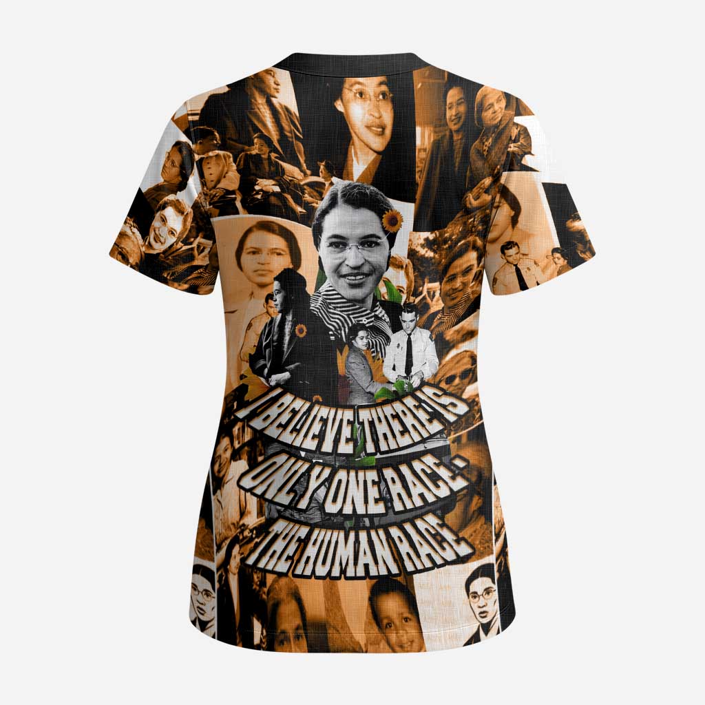 Rosa Parks Scrub Top Sepia Collage Design Civil Rights Icon I Believe There Is Only One Race Quote - African Pride