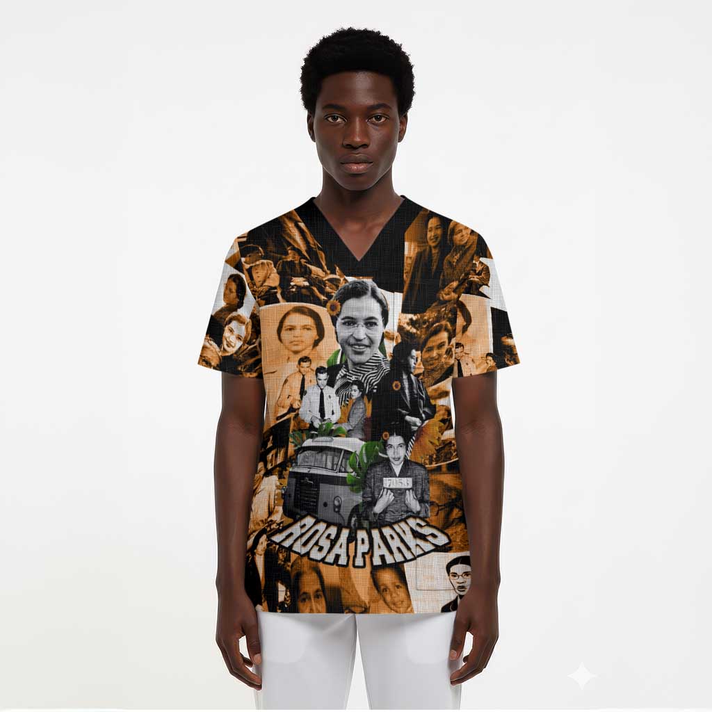 Rosa Parks Scrub Top Sepia Collage Design Civil Rights Icon I Believe There Is Only One Race Quote - African Pride