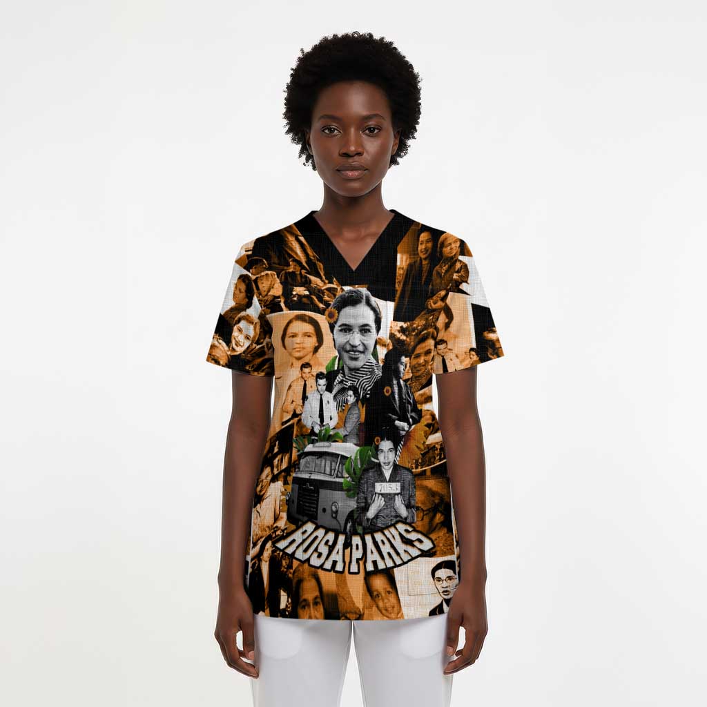 Rosa Parks Scrub Top Sepia Collage Design Civil Rights Icon I Believe There Is Only One Race Quote - African Pride