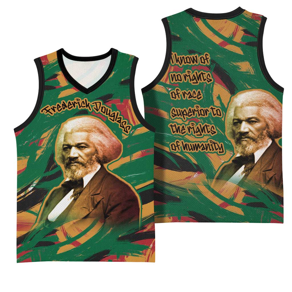 Frederick Douglass Basketball Jersey Green Abstract Design Civil Rights Leader Quote on Race and Humanity - African Pride