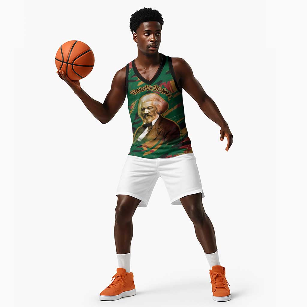 Frederick Douglass Basketball Jersey Green Abstract Design Civil Rights Leader Quote on Race and Humanity - African Pride