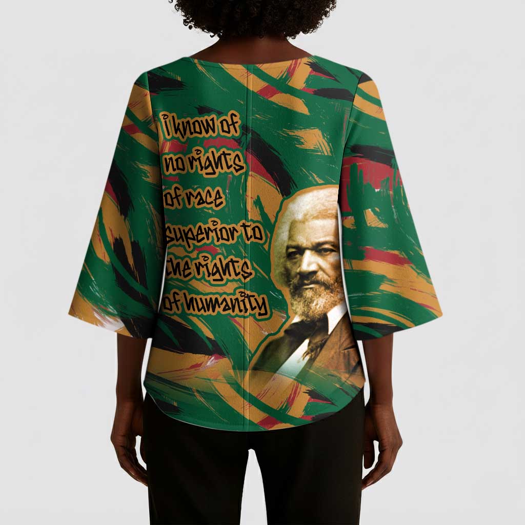 Frederick Douglass Kimono Sleeve Blouse Green Abstract Design Civil Rights Leader Quote on Race and Humanity - African Pride