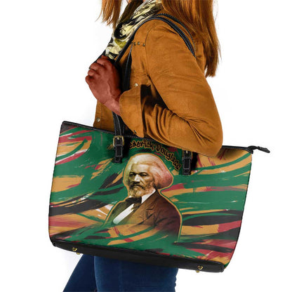 Frederick Douglass Leather Tote Bag Green Abstract Design Civil Rights Leader Quote on Race and Humanity - African Pride