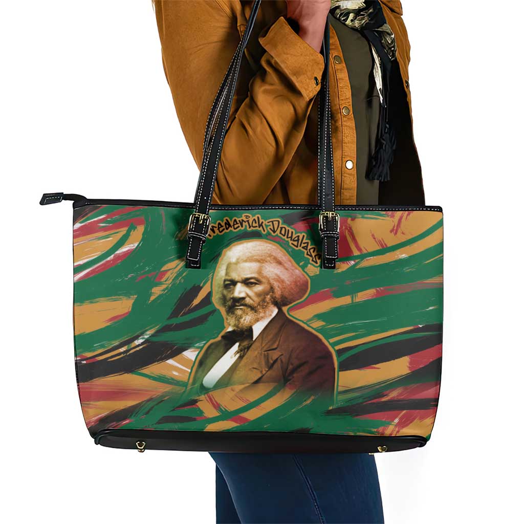 Frederick Douglass Leather Tote Bag Green Abstract Design Civil Rights Leader Quote on Race and Humanity - African Pride