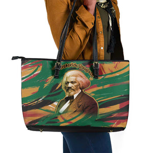Frederick Douglass Leather Tote Bag Green Abstract Design Civil Rights Leader Quote on Race and Humanity - African Pride