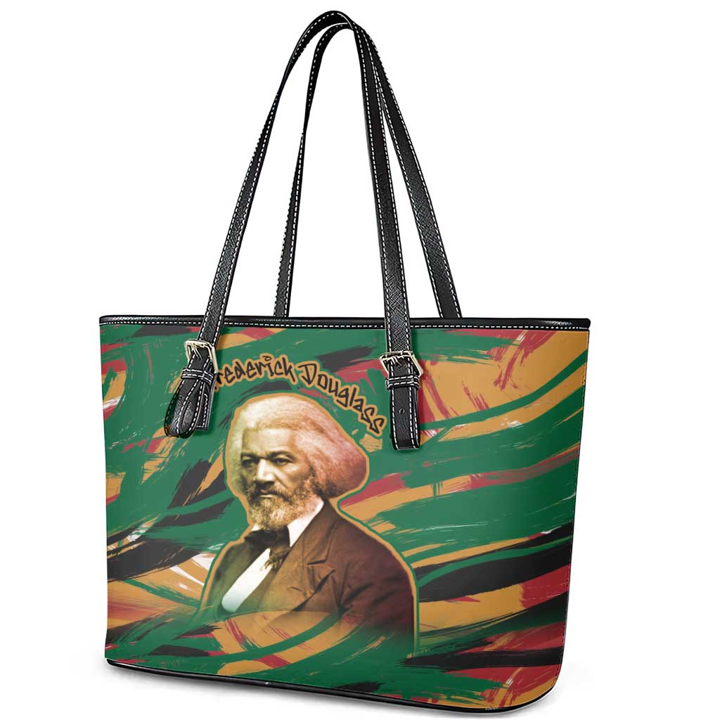 Frederick Douglass Leather Tote Bag Green Abstract Design Civil Rights Leader Quote on Race and Humanity - African Pride
