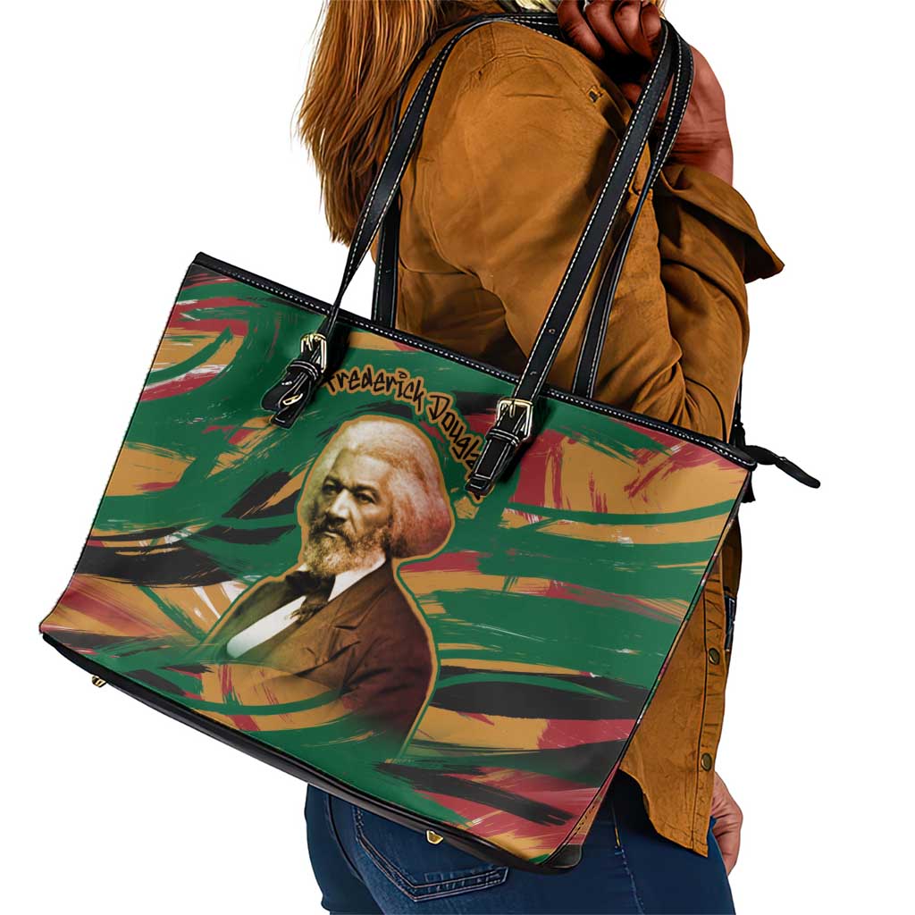 Frederick Douglass Leather Tote Bag Green Abstract Design Civil Rights Leader Quote on Race and Humanity - African Pride