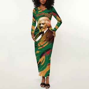 Frederick Douglass Long Sleeve Bodycon Dress Green Abstract Design Civil Rights Leader Quote on Race and Humanity - African Pride