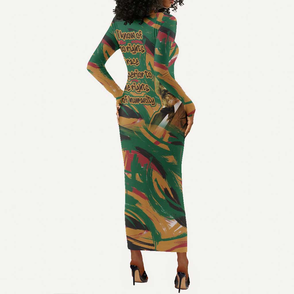 Frederick Douglass Long Sleeve Bodycon Dress Green Abstract Design Civil Rights Leader Quote on Race and Humanity - African Pride