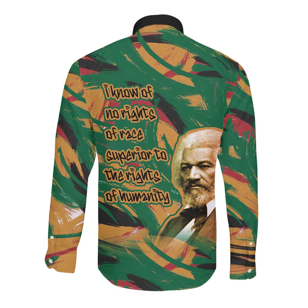 Frederick Douglass Long Sleeve Button Shirt Green Abstract Design Civil Rights Leader Quote on Race and Humanity - African Pride
