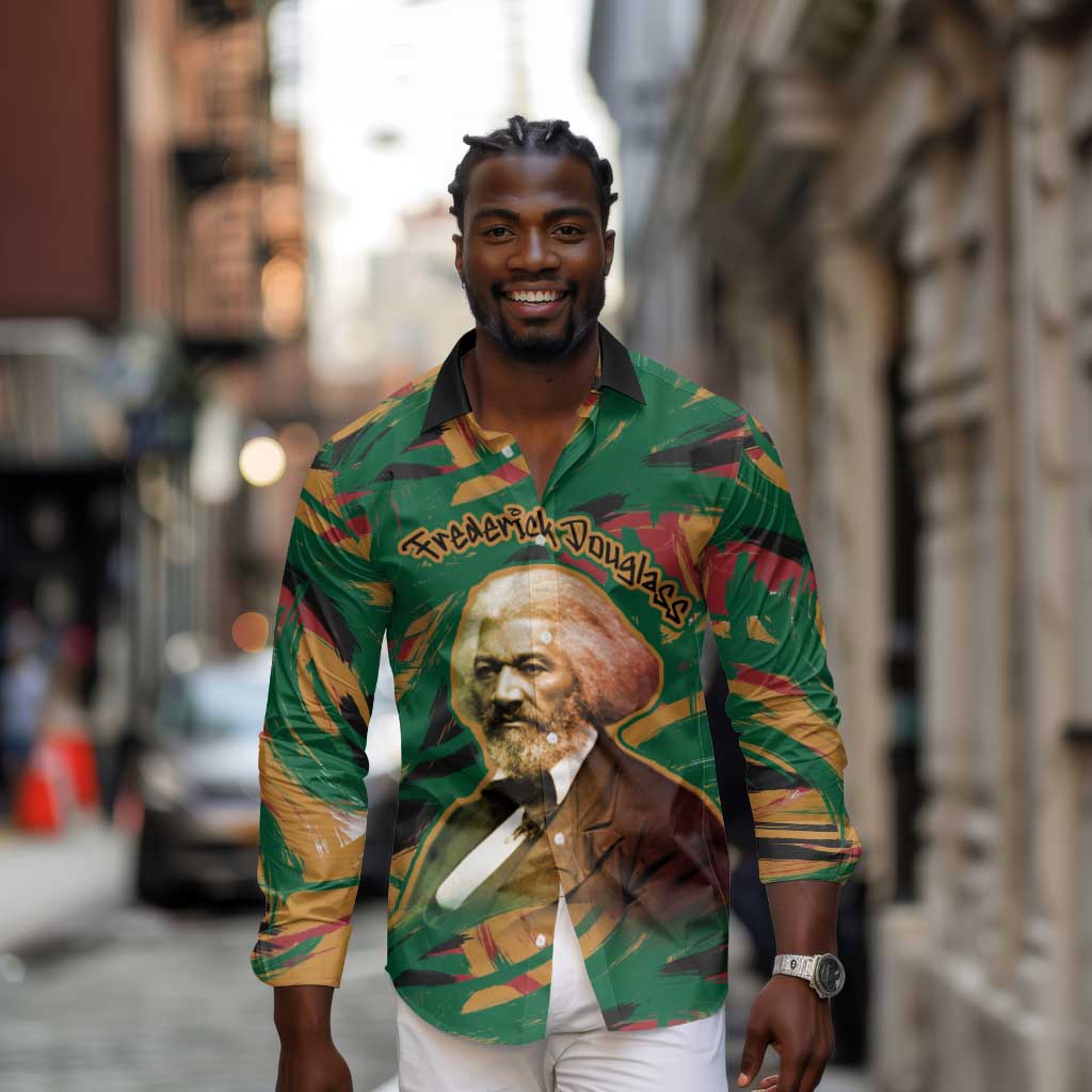 Frederick Douglass Long Sleeve Button Shirt Green Abstract Design Civil Rights Leader Quote on Race and Humanity - African Pride
