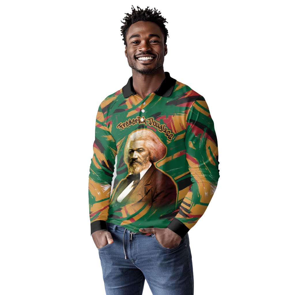 Frederick Douglass Long Sleeve Polo Shirt Green Abstract Design Civil Rights Leader Quote on Race and Humanity - African Pride