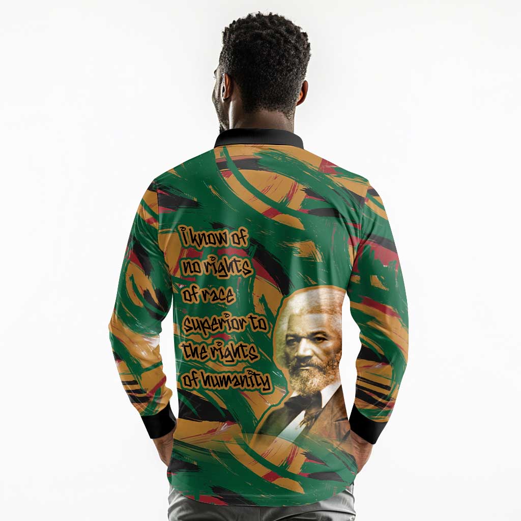 Frederick Douglass Long Sleeve Polo Shirt Green Abstract Design Civil Rights Leader Quote on Race and Humanity - African Pride