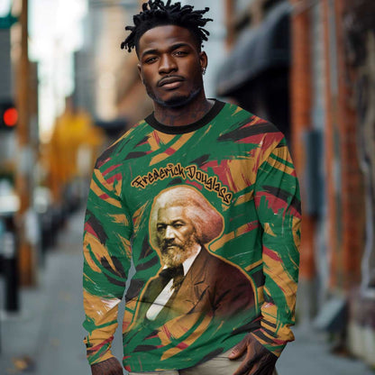 Frederick Douglass Long Sleeve Shirt Green Abstract Design Civil Rights Leader Quote on Race and Humanity - African Pride