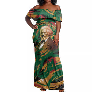Frederick Douglass Off Shoulder Maxi Dress Green Abstract Design Civil Rights Leader Quote on Race and Humanity - African Pride