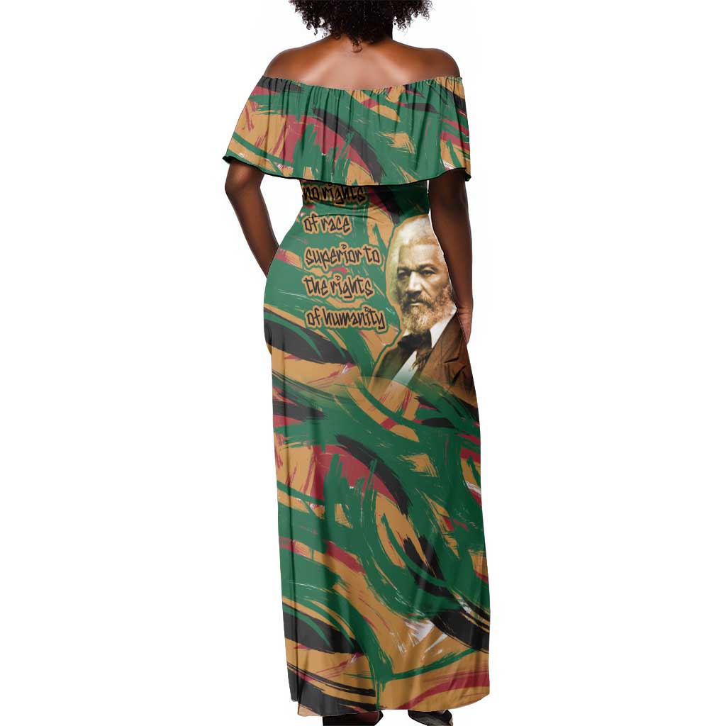 Frederick Douglass Off Shoulder Maxi Dress Green Abstract Design Civil Rights Leader Quote on Race and Humanity - African Pride