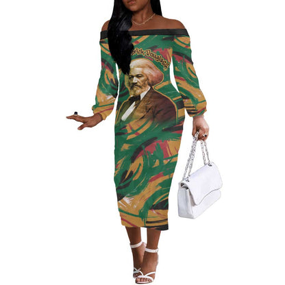Frederick Douglass Off The Shoulder Long Sleeve Dress Green Abstract Design Civil Rights Leader Quote on Race and Humanity - African Pride