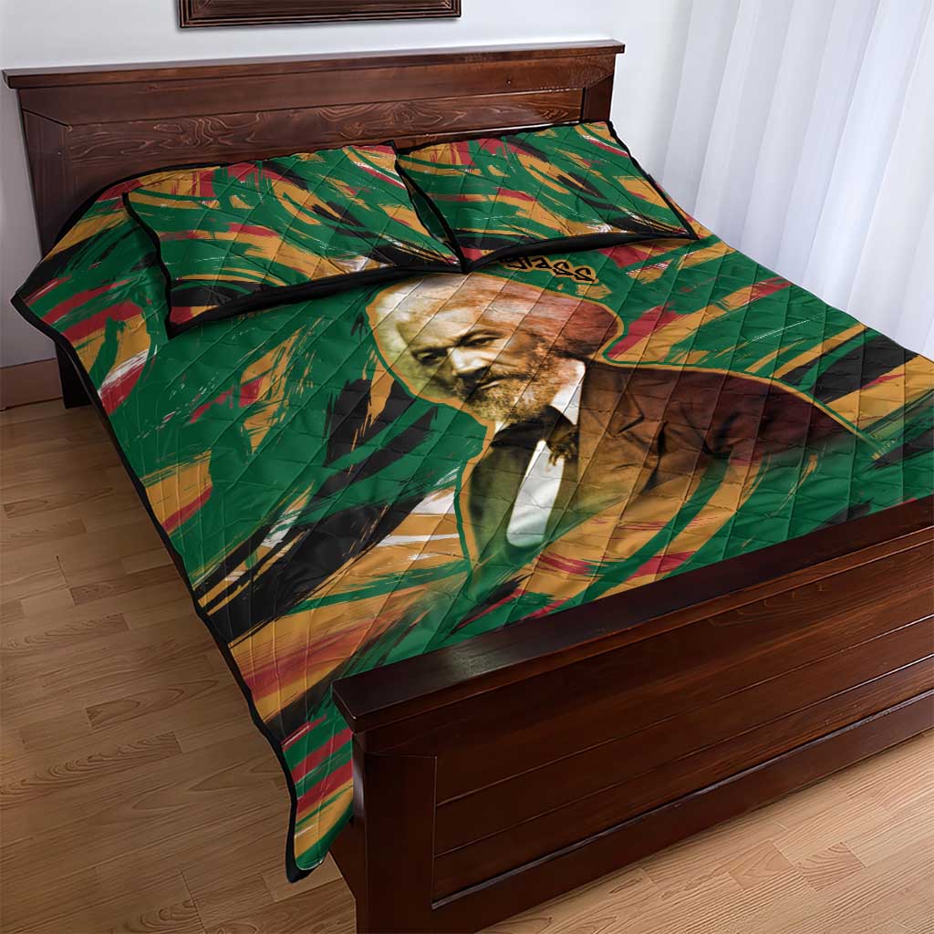 Frederick Douglass Quilt Bed Set Green Abstract Design Civil Rights Leader Quote on Race and Humanity - African Pride