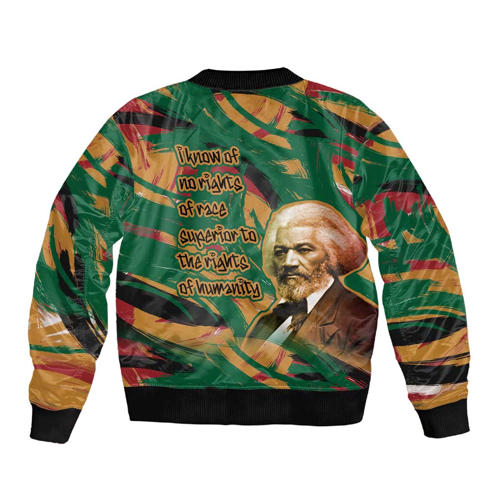 Frederick Douglass Sleeve Zip Bomber Jacket Green Abstract Design Civil Rights Leader Quote on Race and Humanity - African Pride
