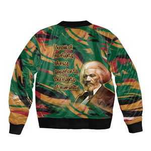 Frederick Douglass Sleeve Zip Bomber Jacket Green Abstract Design Civil Rights Leader Quote on Race and Humanity - African Pride