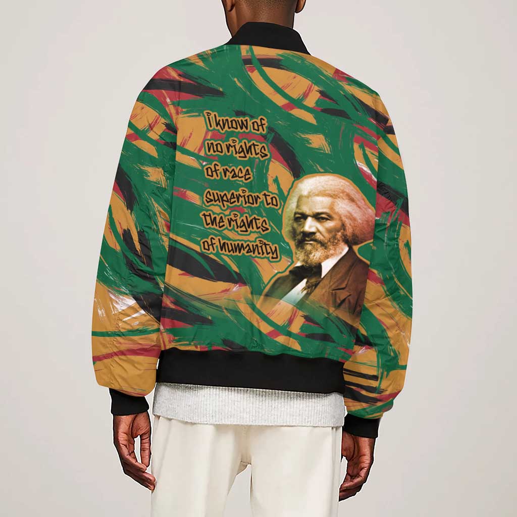 Frederick Douglass Sleeve Zip Bomber Jacket Green Abstract Design Civil Rights Leader Quote on Race and Humanity - African Pride