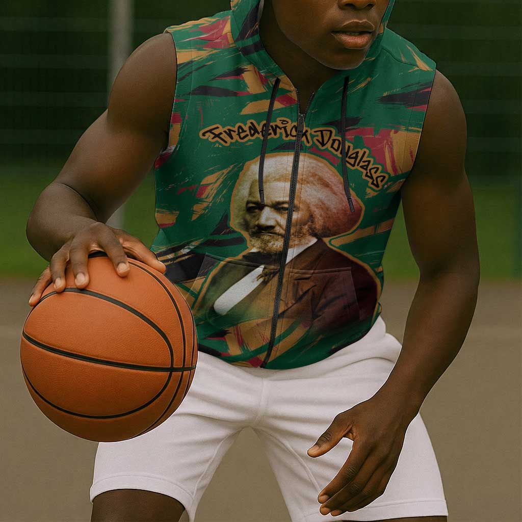 Frederick Douglass Sleeveless Zip Hoodie Green Abstract Design Civil Rights Leader Quote on Race and Humanity - African Pride