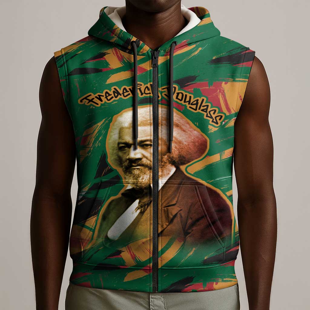 Frederick Douglass Sleeveless Zip Hoodie Green Abstract Design Civil Rights Leader Quote on Race and Humanity - African Pride