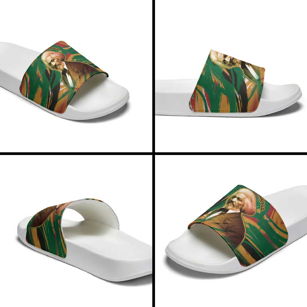 Frederick Douglass Slide Sandals Green Abstract Design Civil Rights Leader Quote on Race and Humanity - African Pride