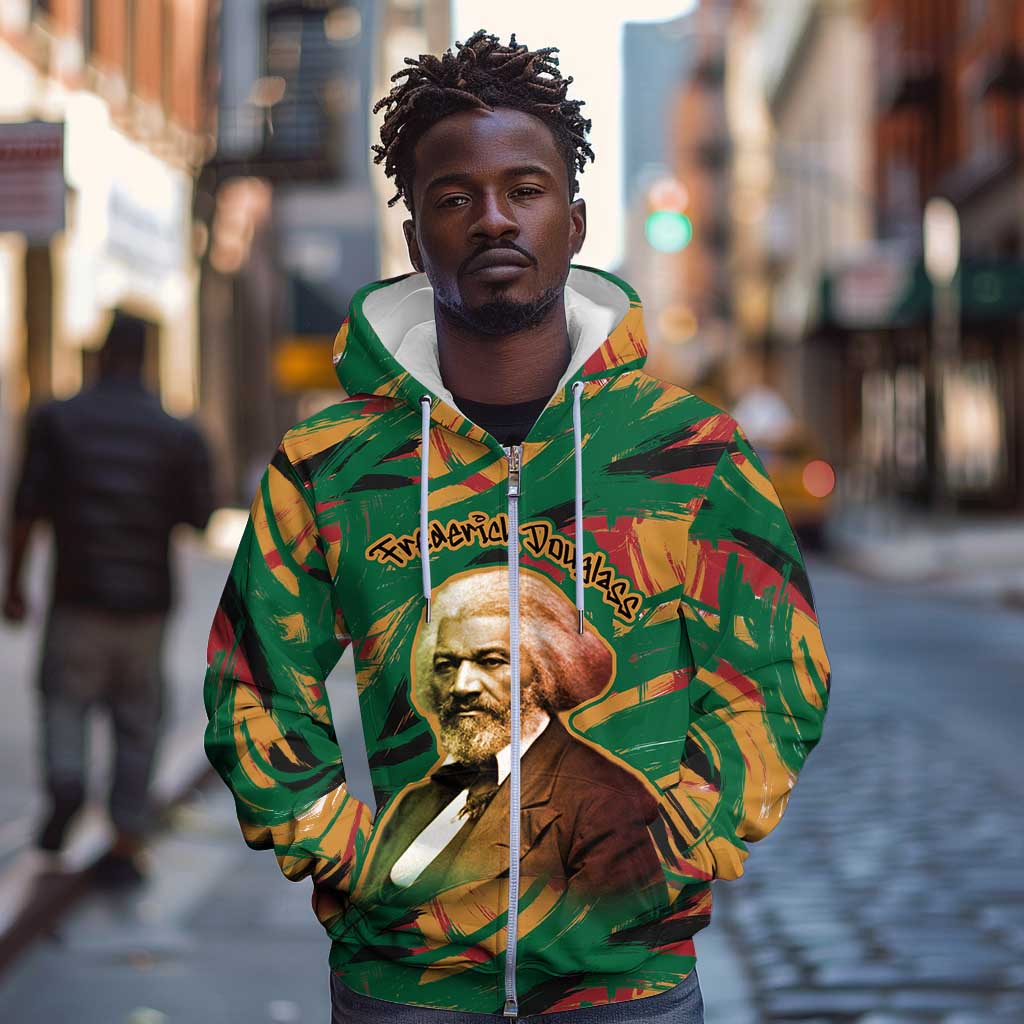 Frederick Douglass Zip Hoodie Green Abstract Design Civil Rights Leader Quote on Race and Humanity - African Pride