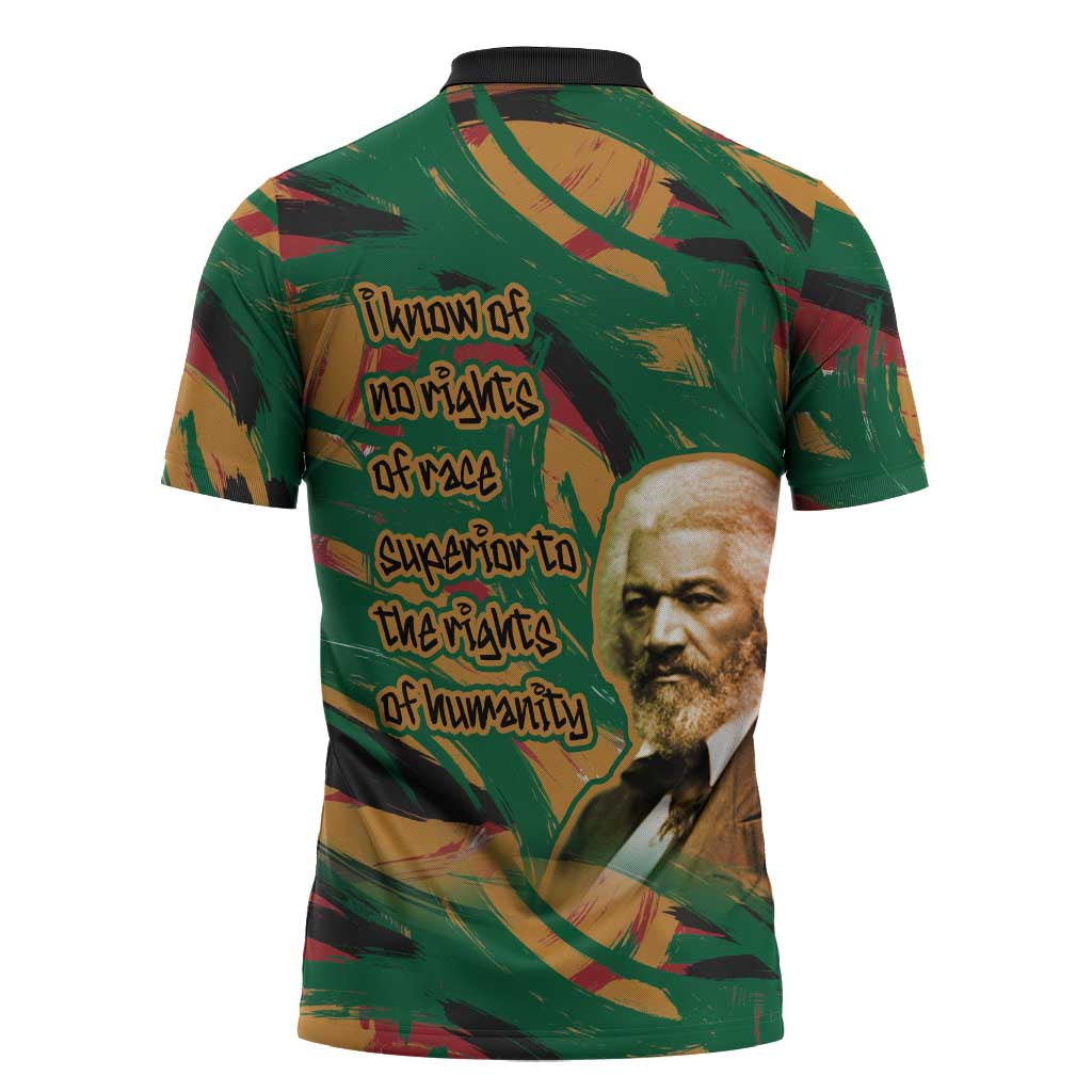 Frederick Douglass Zipper Polo Shirt Green Abstract Design Civil Rights Leader Quote on Race and Humanity - African Pride