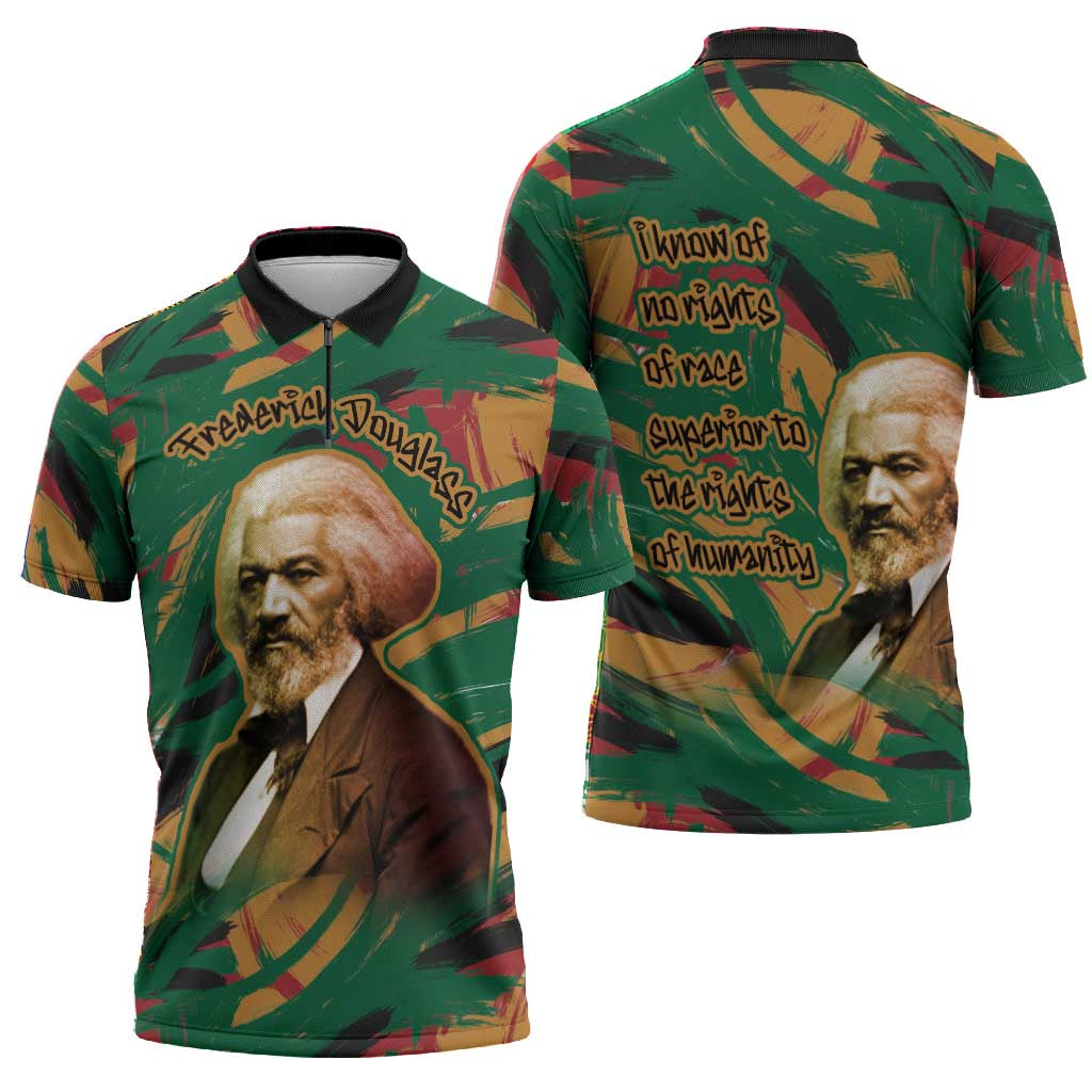 Frederick Douglass Zipper Polo Shirt Green Abstract Design Civil Rights Leader Quote on Race and Humanity - African Pride