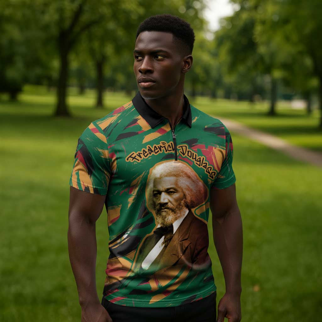 Frederick Douglass Zipper Polo Shirt Green Abstract Design Civil Rights Leader Quote on Race and Humanity - African Pride