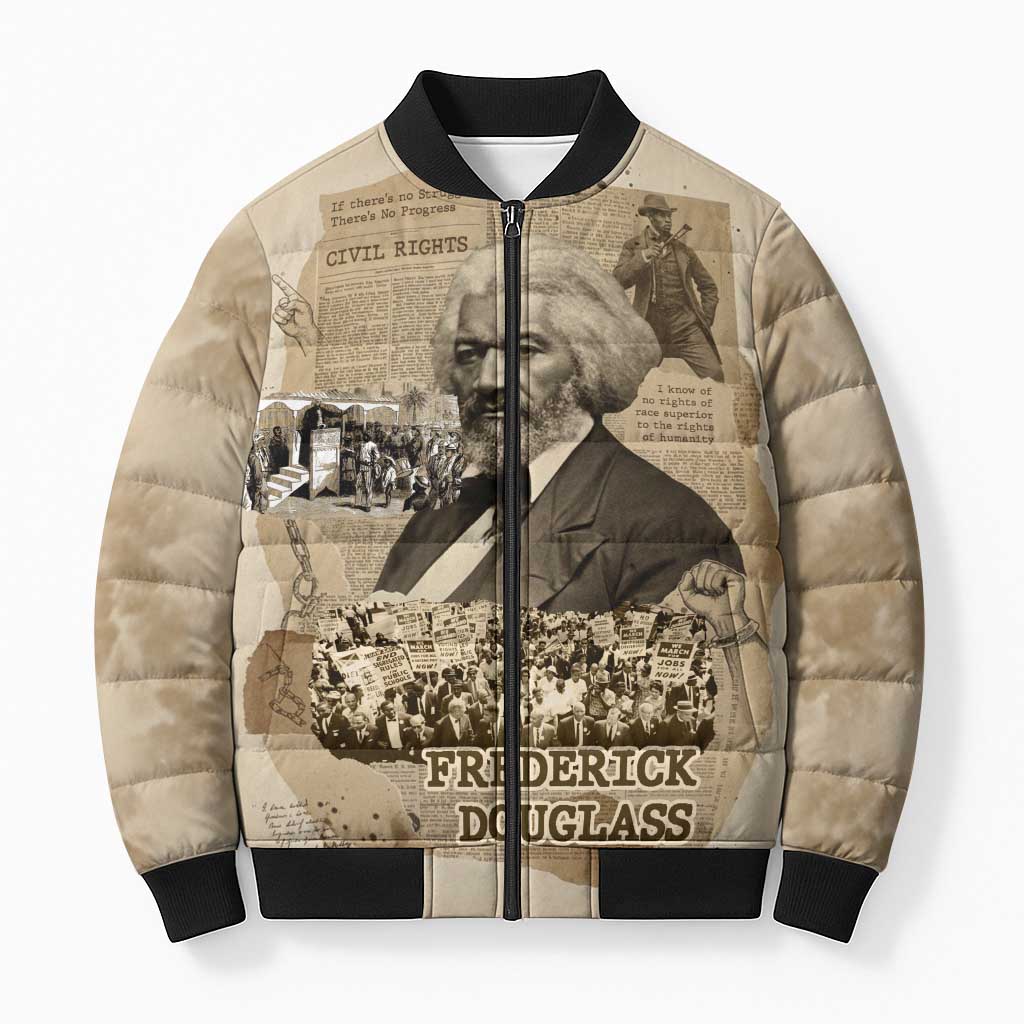 Frederick Douglass Bomber Puffer Jacket Sepia Newspaper Collage Civil Rights March Historic Quote Design - African Pride