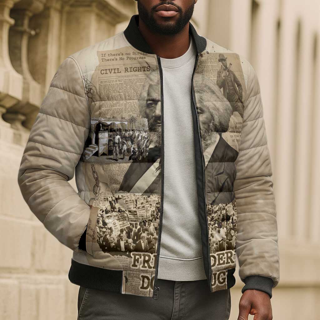Frederick Douglass Bomber Puffer Jacket Sepia Newspaper Collage Civil Rights March Historic Quote Design - African Pride