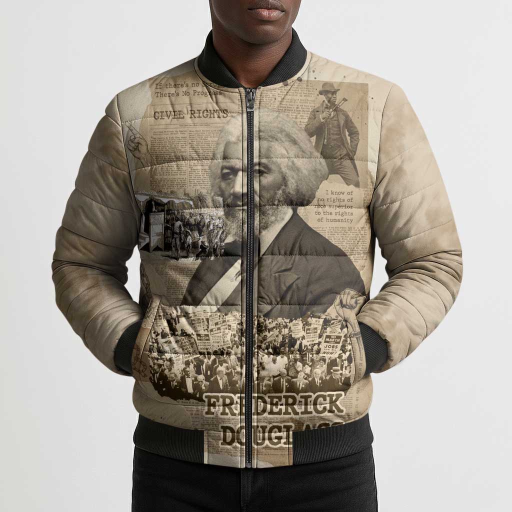 Frederick Douglass Bomber Puffer Jacket Sepia Newspaper Collage Civil Rights March Historic Quote Design - African Pride