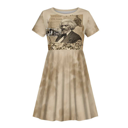 Frederick Douglass Kid Short Sleeve Dress Sepia Newspaper Collage Civil Rights March Historic Quote Design TS04