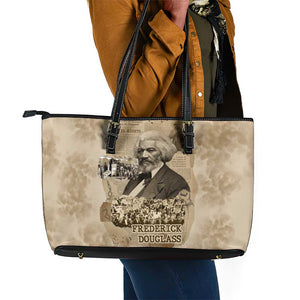 Frederick Douglass Leather Tote Bag Sepia Newspaper Collage Civil Rights March Historic Quote Design - African Pride