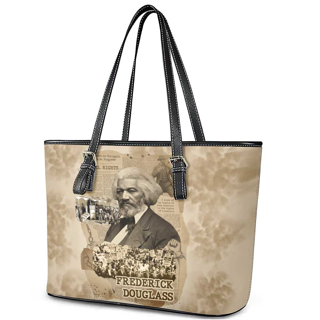 Frederick Douglass Leather Tote Bag Sepia Newspaper Collage Civil Rights March Historic Quote Design - African Pride