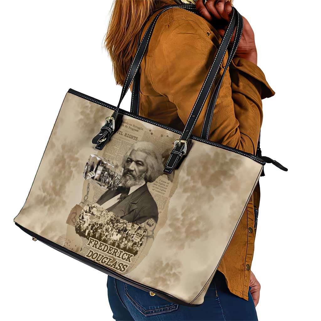 Frederick Douglass Leather Tote Bag Sepia Newspaper Collage Civil Rights March Historic Quote Design - African Pride