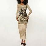 Frederick Douglass Long Sleeve Bodycon Dress Sepia Newspaper Collage Civil Rights March Historic Quote Design - African Pride