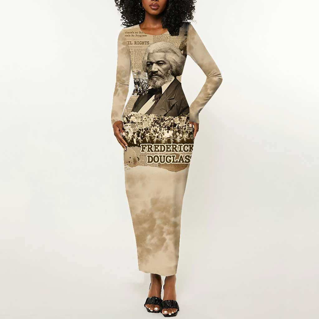 Frederick Douglass Long Sleeve Bodycon Dress Sepia Newspaper Collage Civil Rights March Historic Quote Design - African Pride