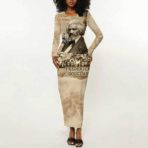 Frederick Douglass Long Sleeve Bodycon Dress Sepia Newspaper Collage Civil Rights March Historic Quote Design - African Pride