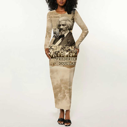 Frederick Douglass Long Sleeve Bodycon Dress Sepia Newspaper Collage Civil Rights March Historic Quote Design - African Pride