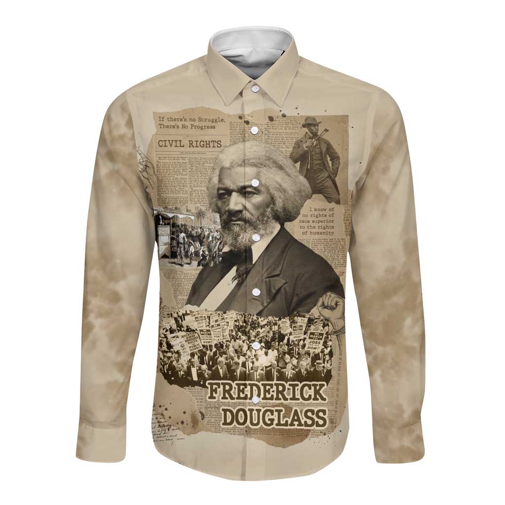 Frederick Douglass Long Sleeve Button Shirt Sepia Newspaper Collage Civil Rights March Historic Quote Design - African Pride