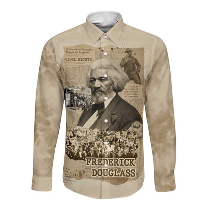 Frederick Douglass Long Sleeve Button Shirt Sepia Newspaper Collage Civil Rights March Historic Quote Design - African Pride