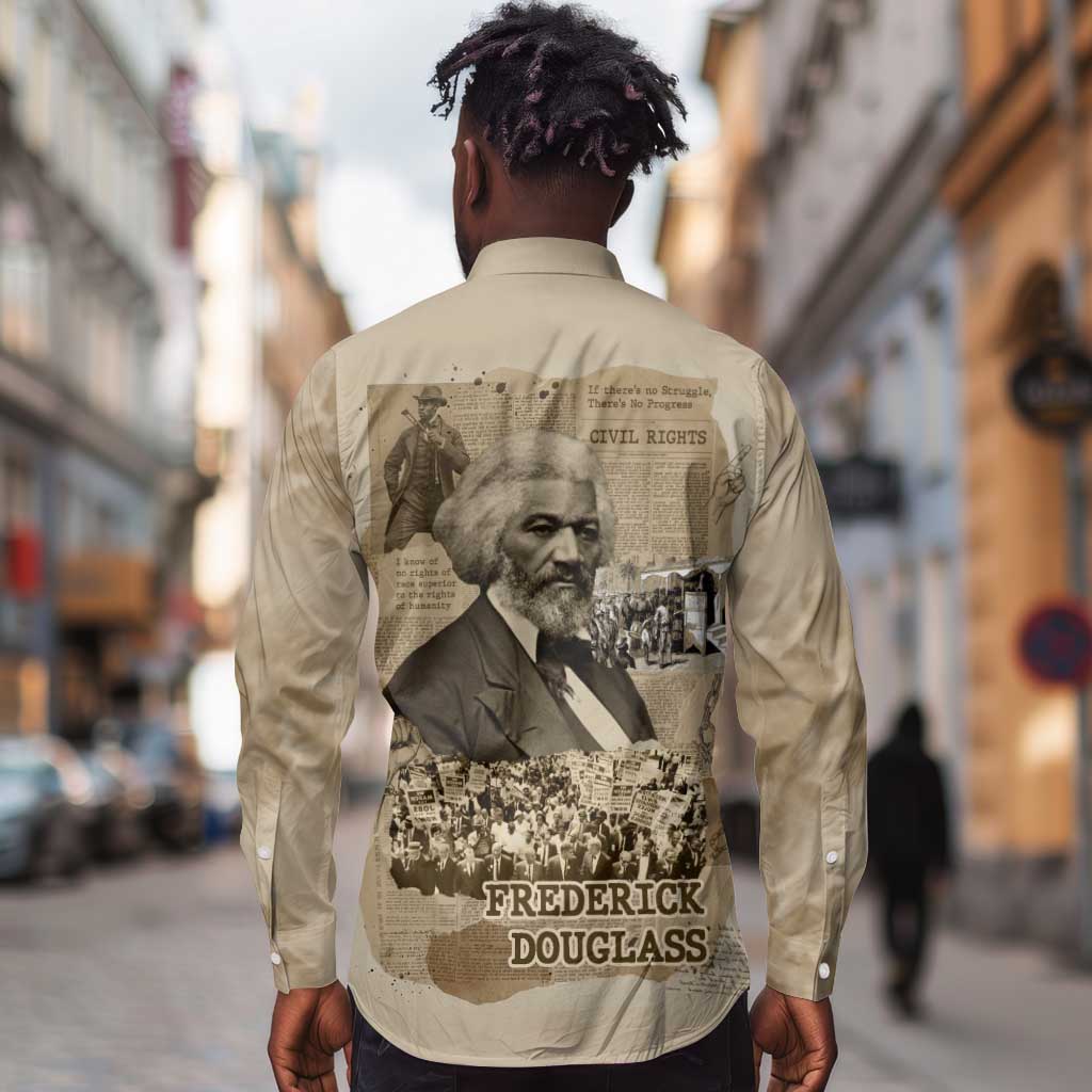 Frederick Douglass Long Sleeve Button Shirt Sepia Newspaper Collage Civil Rights March Historic Quote Design - African Pride